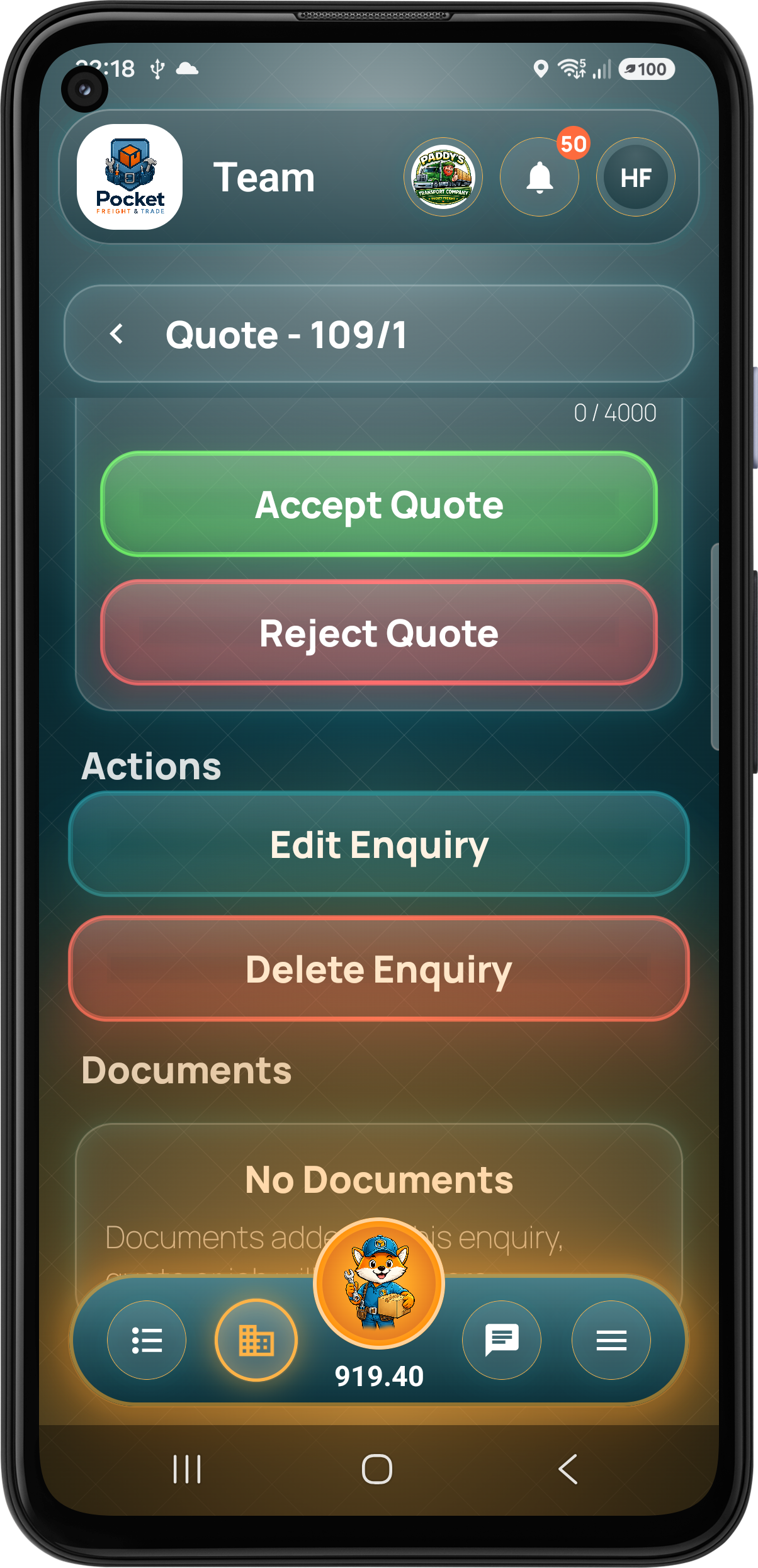 Customer quote acceptance and rejection controls