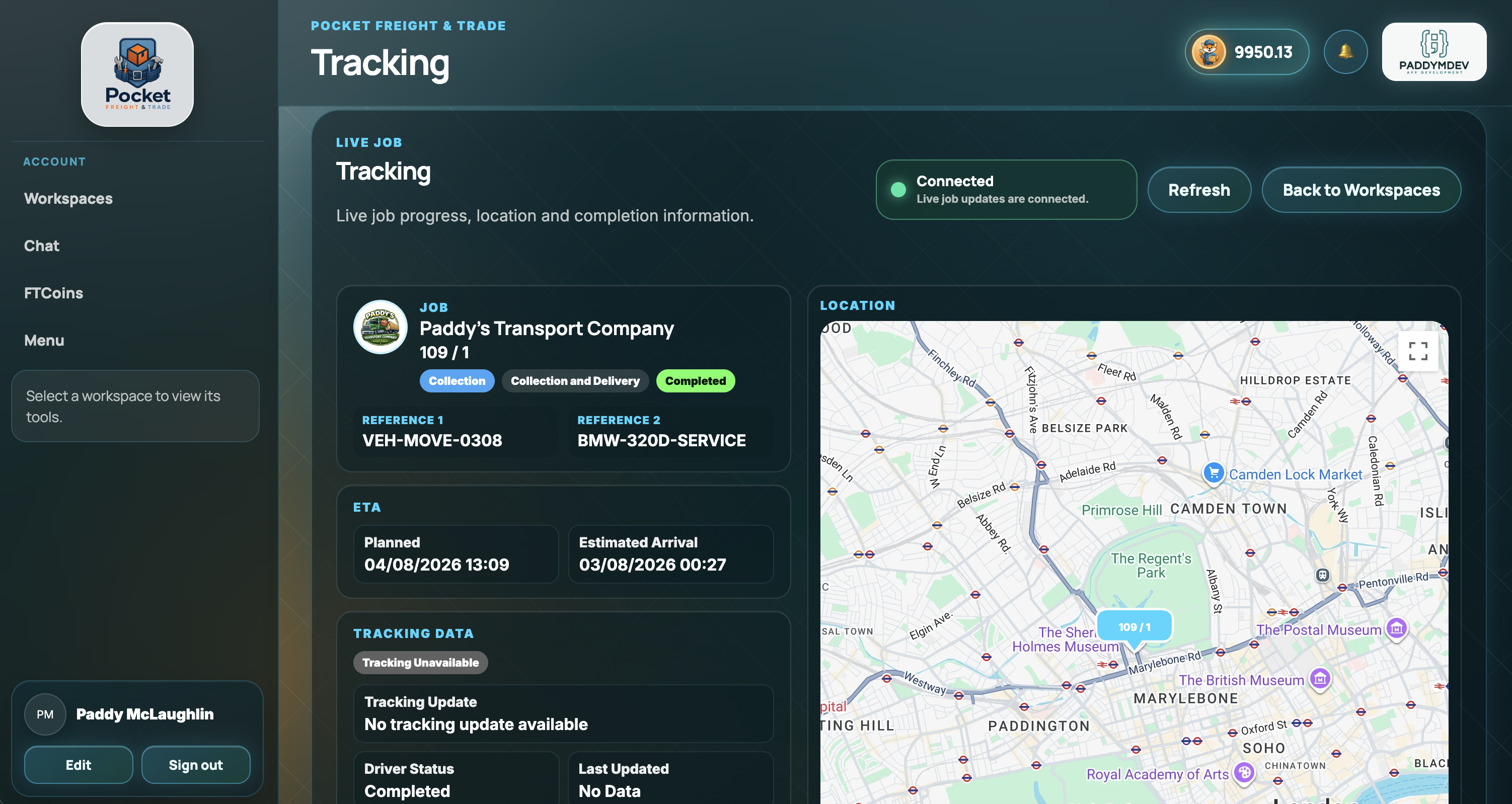 Pocket Freight & Trade live customer tracking in the web portal
