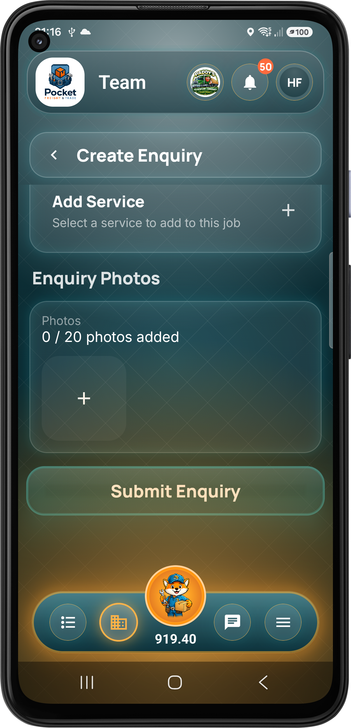 Customer adds enquiry photos and submits