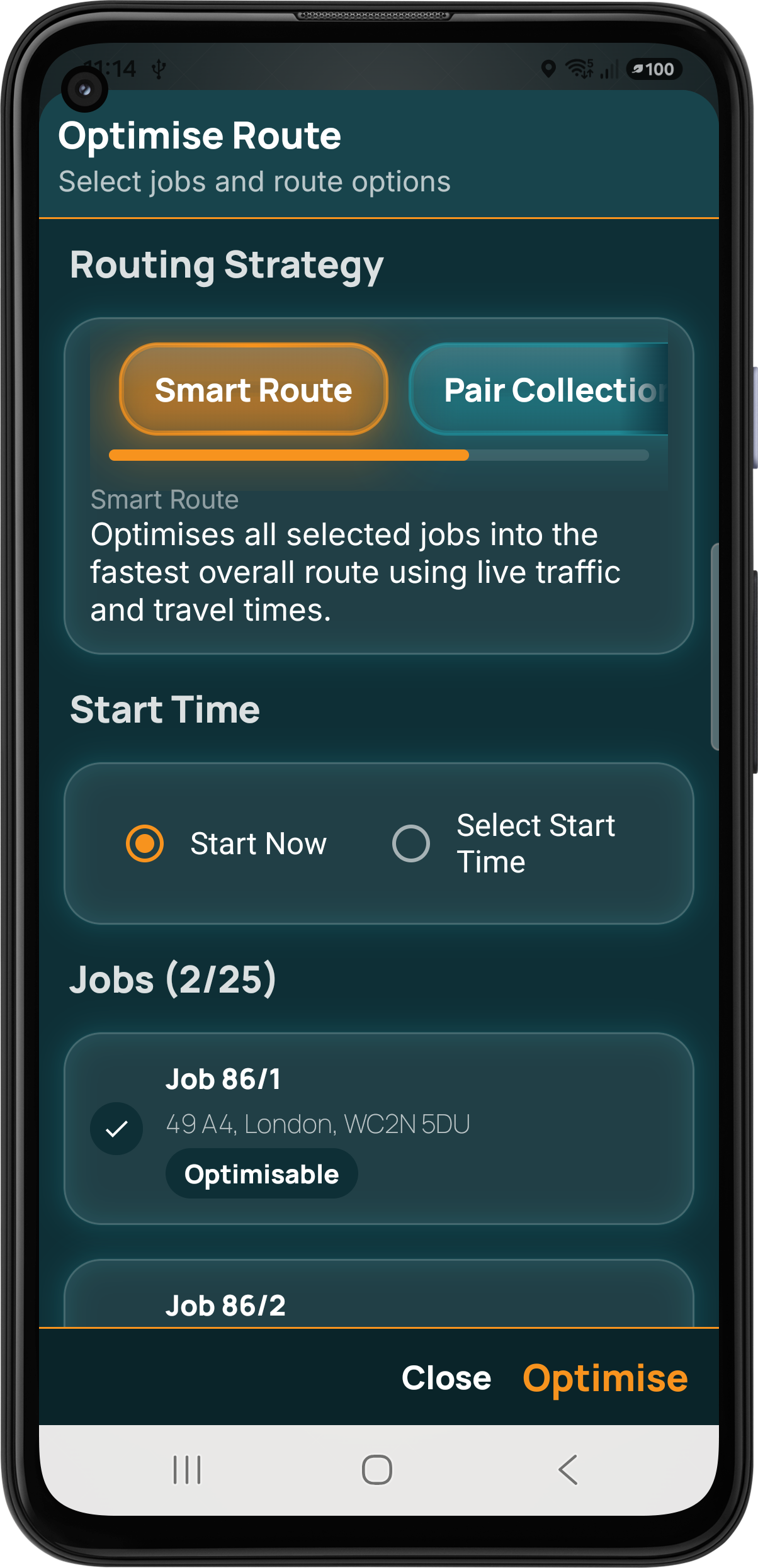 Pocket Freight & Trade optimise route screen