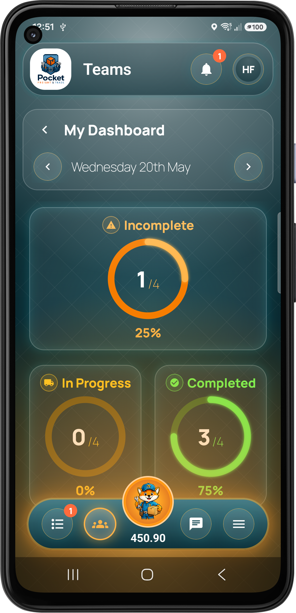 Pocket Freight & Trade user dashboard