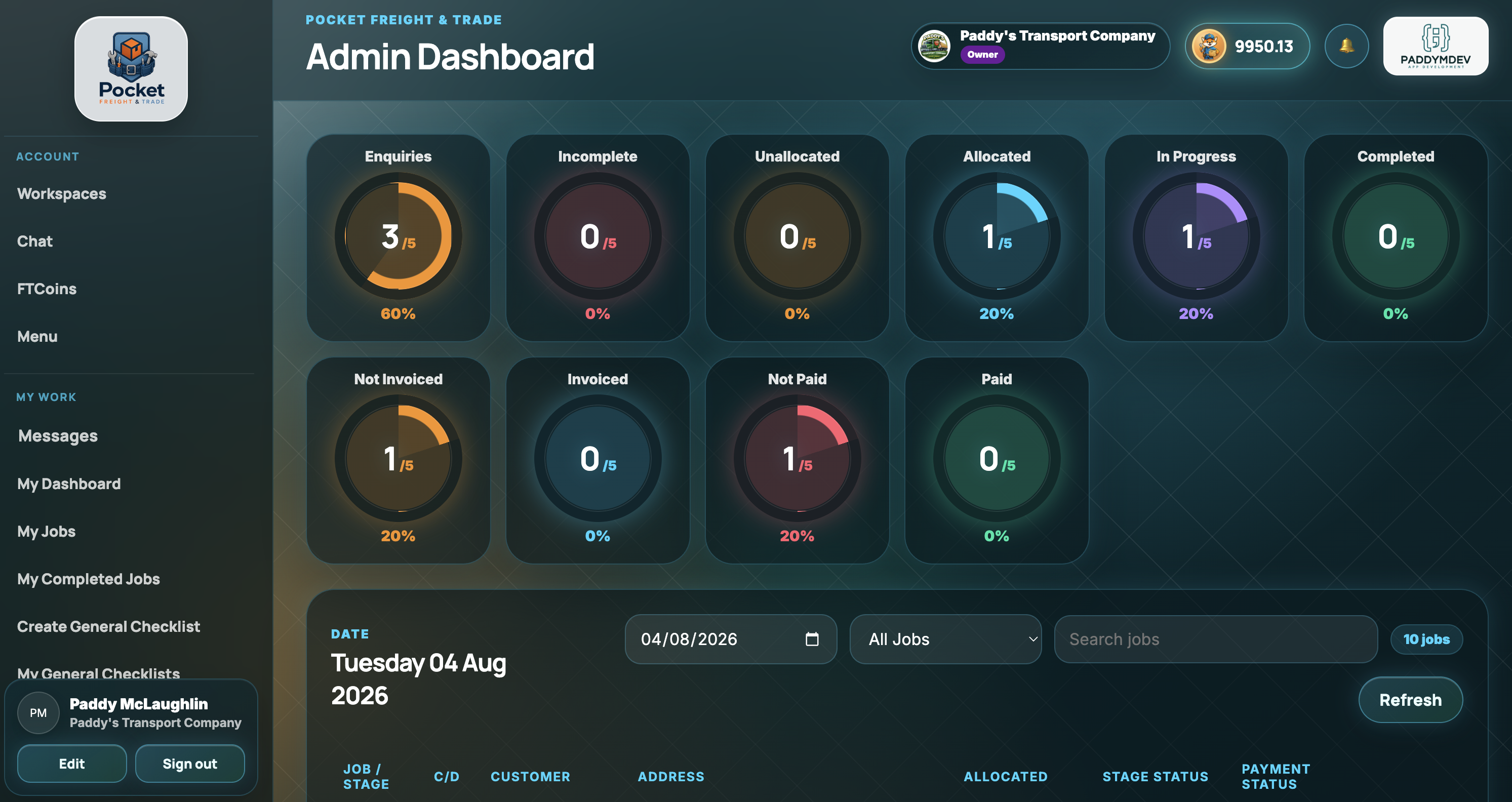 Pocket Freight web portal admin dashboard